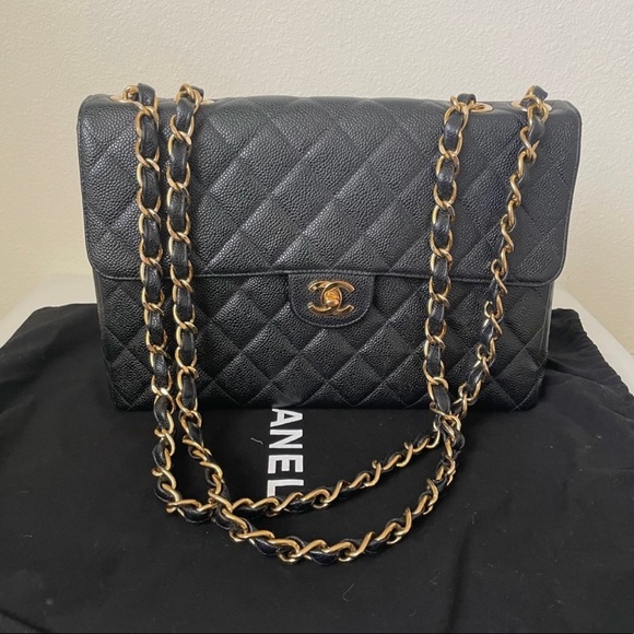 Sold 24k gold plated Black Chanel Caviar Jumbo single flap bag - Picture 3 of 17